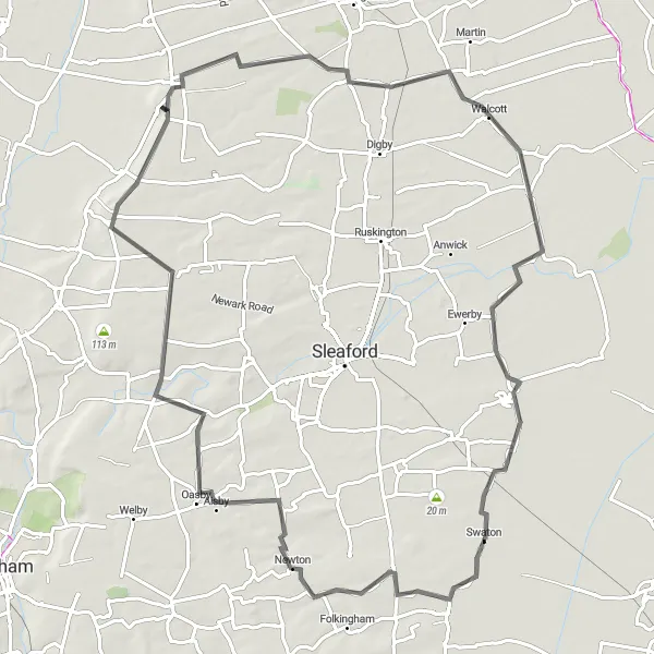 Map miniature of "Navenby and Beyond" cycling inspiration in Lincolnshire, United Kingdom. Generated by Tarmacs.app cycling route planner