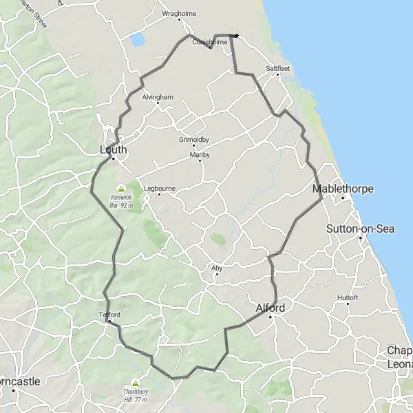 Map miniature of "Theddlethorpe Adventure" cycling inspiration in Lincolnshire, United Kingdom. Generated by Tarmacs.app cycling route planner