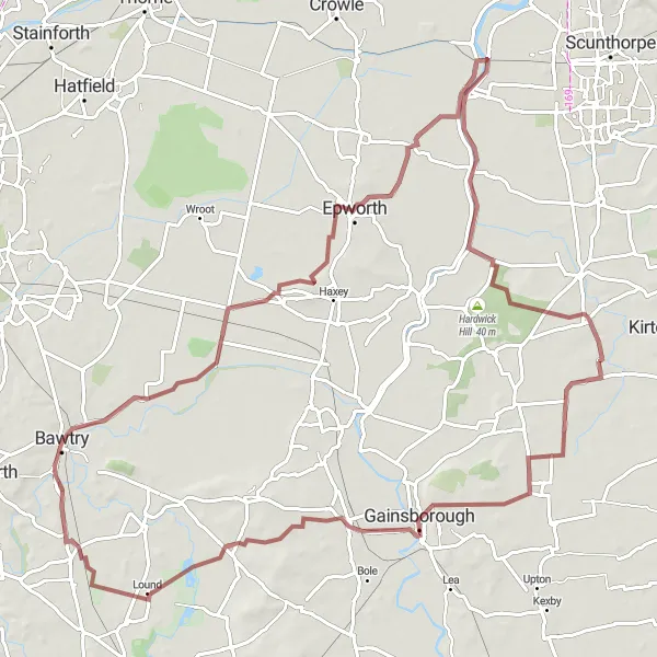 Map miniature of "Gainsborough Gravel Adventure" cycling inspiration in Lincolnshire, United Kingdom. Generated by Tarmacs.app cycling route planner