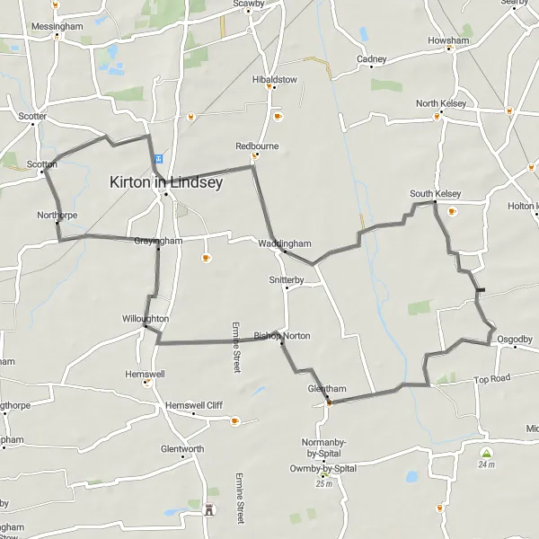 Map miniature of "Kirton in Lindsey Loop" cycling inspiration in Lincolnshire, United Kingdom. Generated by Tarmacs.app cycling route planner