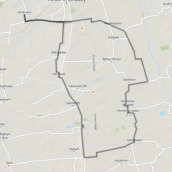 Map miniature of "The Winding Roads of Waddingham" cycling inspiration in Lincolnshire, United Kingdom. Generated by Tarmacs.app cycling route planner