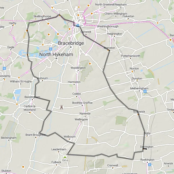 Map miniature of "Castle and Hill Tour" cycling inspiration in Lincolnshire, United Kingdom. Generated by Tarmacs.app cycling route planner