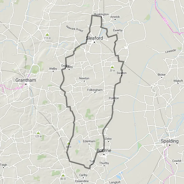 Map miniature of "Helpringham and Bytham Adventure" cycling inspiration in Lincolnshire, United Kingdom. Generated by Tarmacs.app cycling route planner