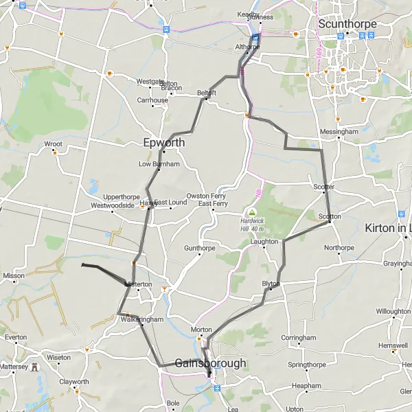 Map miniature of "Scotter to Gainsborough Ride" cycling inspiration in Lincolnshire, United Kingdom. Generated by Tarmacs.app cycling route planner