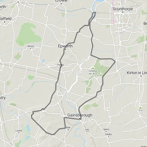 Map miniature of "Scotter to Gainsborough Adventure" cycling inspiration in Lincolnshire, United Kingdom. Generated by Tarmacs.app cycling route planner