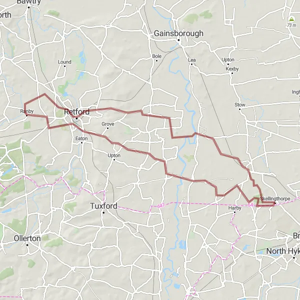 Map miniature of "The Gravel Adventure" cycling inspiration in Lincolnshire, United Kingdom. Generated by Tarmacs.app cycling route planner