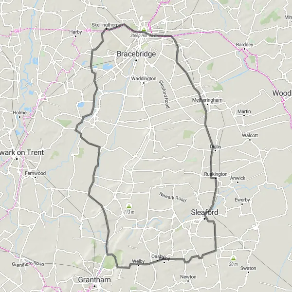 Map miniature of "Lincoln and Beyond" cycling inspiration in Lincolnshire, United Kingdom. Generated by Tarmacs.app cycling route planner
