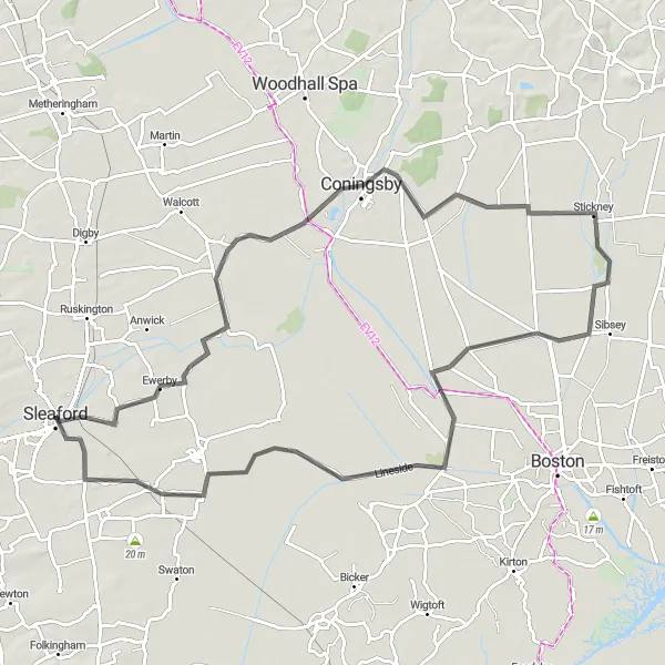 Map miniature of "Picturesque Road Loop" cycling inspiration in Lincolnshire, United Kingdom. Generated by Tarmacs.app cycling route planner