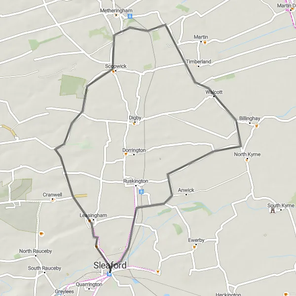 Map miniature of "Leasingham and Beyond" cycling inspiration in Lincolnshire, United Kingdom. Generated by Tarmacs.app cycling route planner