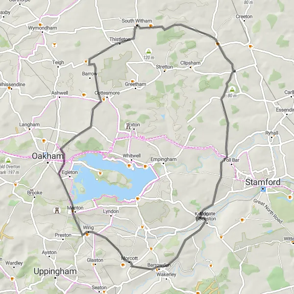 Map miniature of "Villages and Valleys" cycling inspiration in Lincolnshire, United Kingdom. Generated by Tarmacs.app cycling route planner