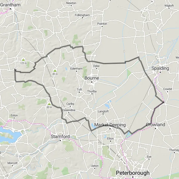 Map miniature of "The Lincolnshire Countryside" cycling inspiration in Lincolnshire, United Kingdom. Generated by Tarmacs.app cycling route planner