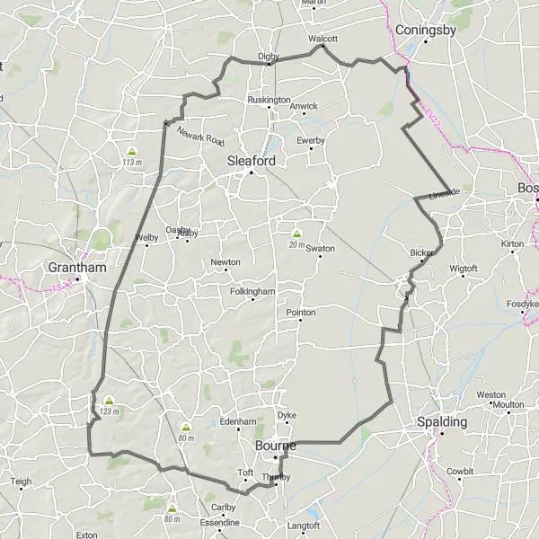 Map miniature of "The Scenic Countryside Route" cycling inspiration in Lincolnshire, United Kingdom. Generated by Tarmacs.app cycling route planner