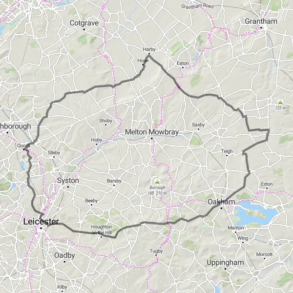 Map miniature of "Wolds and Rutland Road Tour" cycling inspiration in Lincolnshire, United Kingdom. Generated by Tarmacs.app cycling route planner