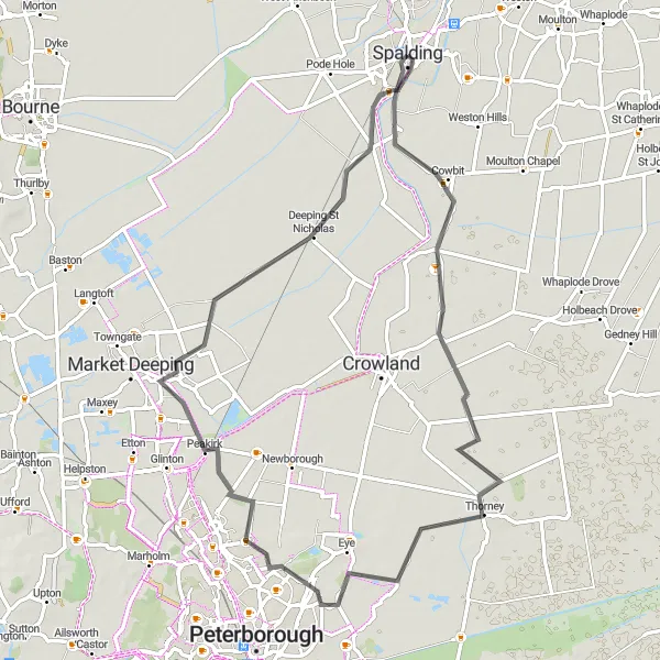 Map miniature of "Cowbit and Deeping St Nicholas Ride" cycling inspiration in Lincolnshire, United Kingdom. Generated by Tarmacs.app cycling route planner