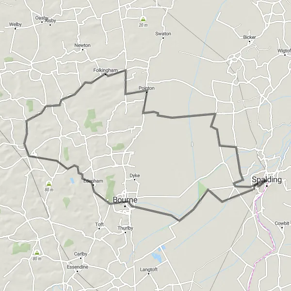 Map miniature of "Scenic Road Trip to Edenham" cycling inspiration in Lincolnshire, United Kingdom. Generated by Tarmacs.app cycling route planner