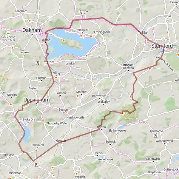 Map miniature of "Stamford to Rockingham Castle" cycling inspiration in Lincolnshire, United Kingdom. Generated by Tarmacs.app cycling route planner