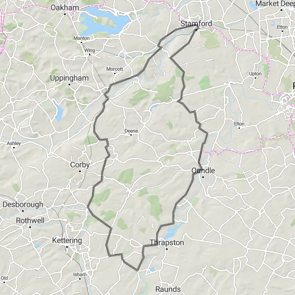 Map miniature of "Stamford to Geddington" cycling inspiration in Lincolnshire, United Kingdom. Generated by Tarmacs.app cycling route planner