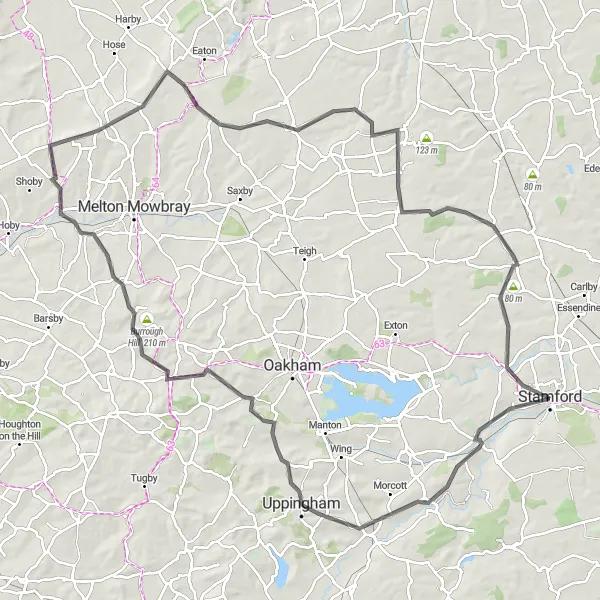 Map miniature of "Rutland Round" cycling inspiration in Lincolnshire, United Kingdom. Generated by Tarmacs.app cycling route planner