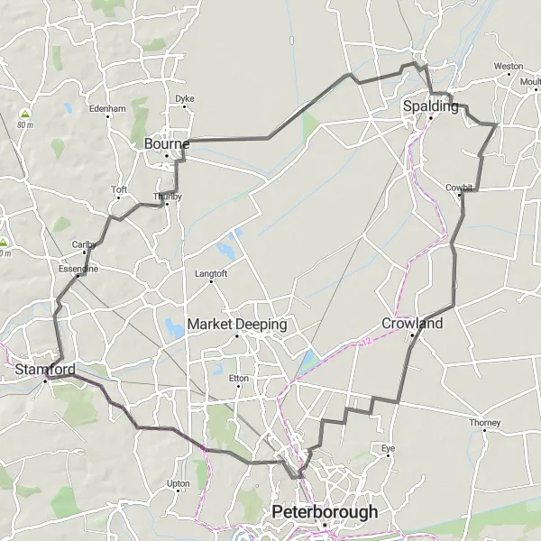 Map miniature of "Waterland" cycling inspiration in Lincolnshire, United Kingdom. Generated by Tarmacs.app cycling route planner