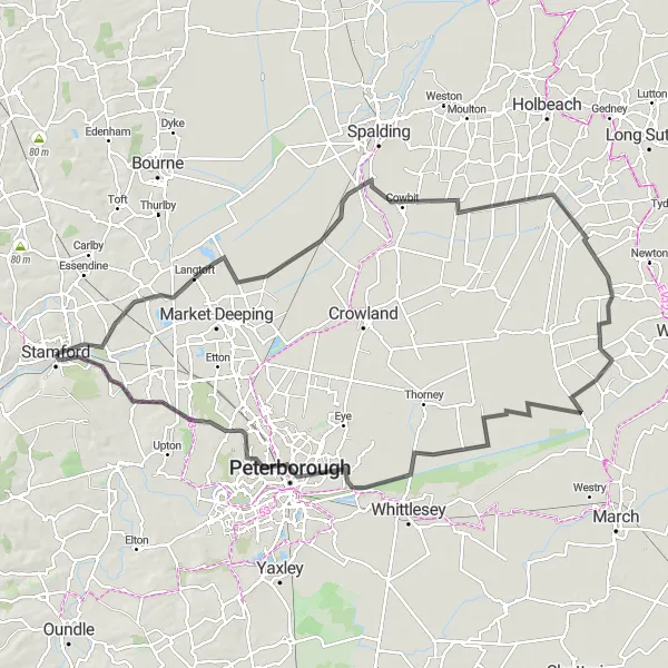 Map miniature of "Stamford to Peterborough" cycling inspiration in Lincolnshire, United Kingdom. Generated by Tarmacs.app cycling route planner