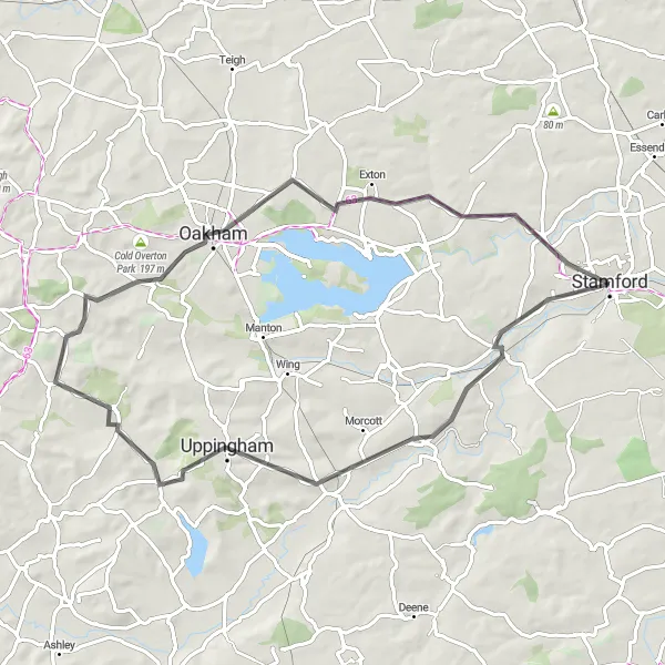 Map miniature of "Stamford to Uppingham" cycling inspiration in Lincolnshire, United Kingdom. Generated by Tarmacs.app cycling route planner