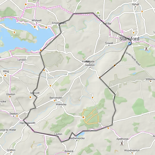 Map miniature of "Stamford Ridge Ride" cycling inspiration in Lincolnshire, United Kingdom. Generated by Tarmacs.app cycling route planner