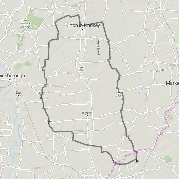 Map miniature of "Nettleham and Caenby Exploration" cycling inspiration in Lincolnshire, United Kingdom. Generated by Tarmacs.app cycling route planner