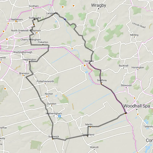 Map miniature of "Stainfield and Bardney Adventure" cycling inspiration in Lincolnshire, United Kingdom. Generated by Tarmacs.app cycling route planner