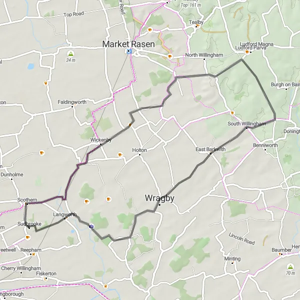 Map miniature of "Snelland and Legsby Loop" cycling inspiration in Lincolnshire, United Kingdom. Generated by Tarmacs.app cycling route planner