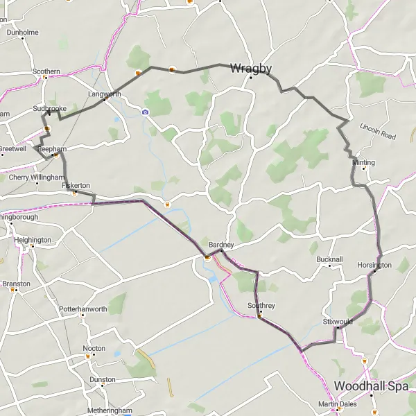 Map miniature of "The Minting Loop" cycling inspiration in Lincolnshire, United Kingdom. Generated by Tarmacs.app cycling route planner