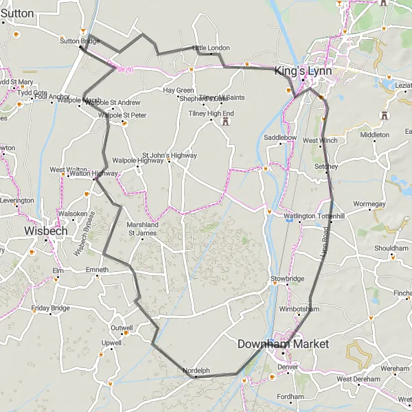 Map miniature of "King's Lynn Adventure" cycling inspiration in Lincolnshire, United Kingdom. Generated by Tarmacs.app cycling route planner