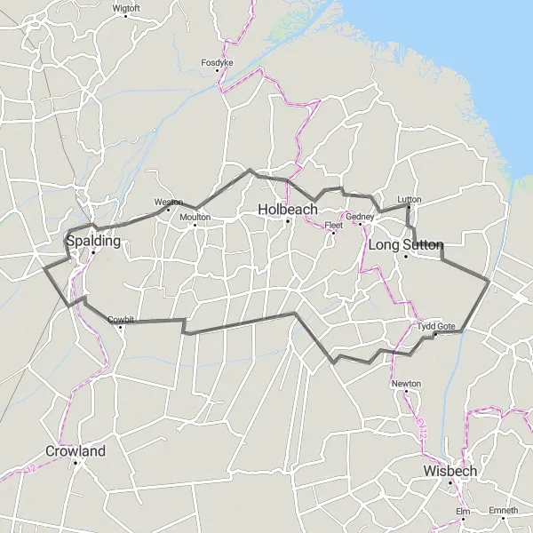 Map miniature of "Celestial Countryside" cycling inspiration in Lincolnshire, United Kingdom. Generated by Tarmacs.app cycling route planner