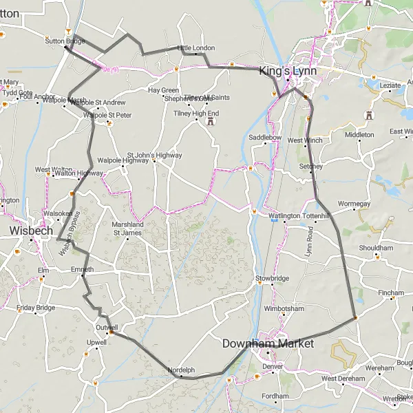 Map miniature of "Royal Norfolk Ride" cycling inspiration in Lincolnshire, United Kingdom. Generated by Tarmacs.app cycling route planner