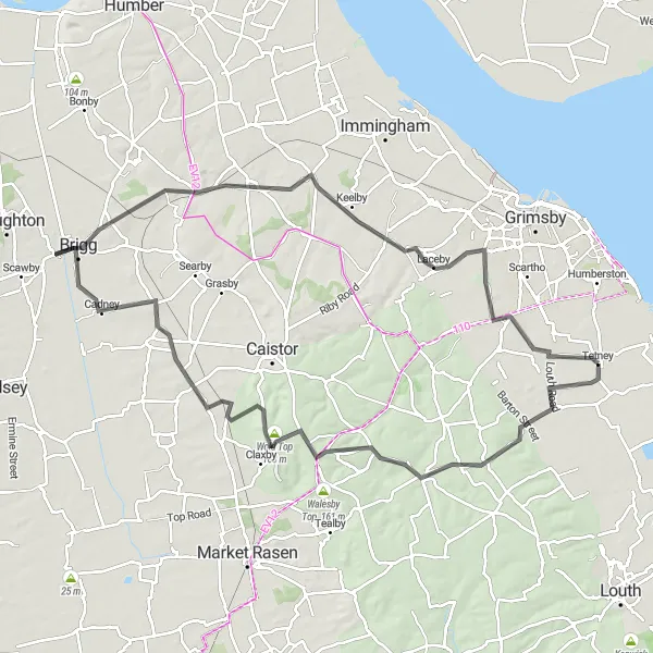 Map miniature of "The Wolds Adventure" cycling inspiration in Lincolnshire, United Kingdom. Generated by Tarmacs.app cycling route planner