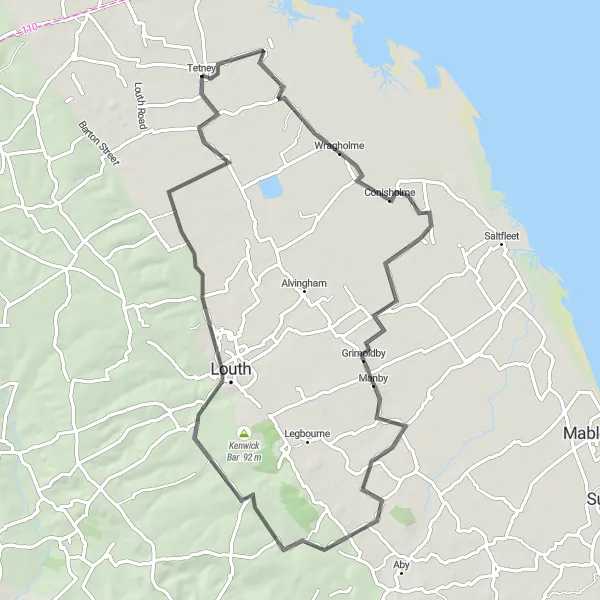 Map miniature of "Coastal Views and Countryside Charm" cycling inspiration in Lincolnshire, United Kingdom. Generated by Tarmacs.app cycling route planner