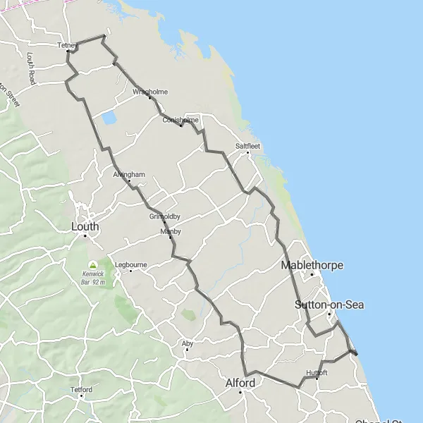Map miniature of "Scenic Road Adventure through Yarburgh and Tetney" cycling inspiration in Lincolnshire, United Kingdom. Generated by Tarmacs.app cycling route planner