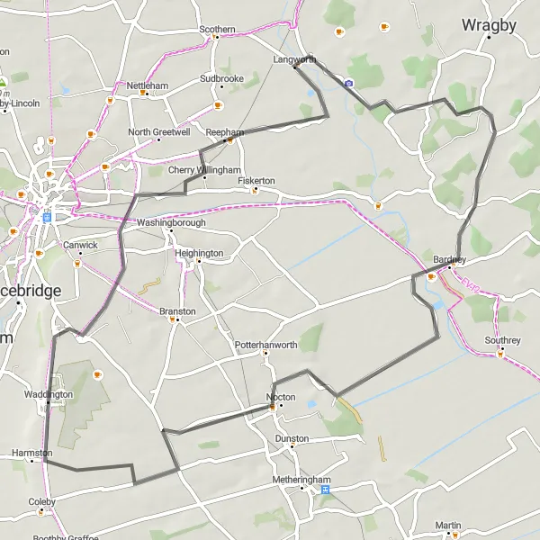 Map miniature of "The Countryside Escape" cycling inspiration in Lincolnshire, United Kingdom. Generated by Tarmacs.app cycling route planner