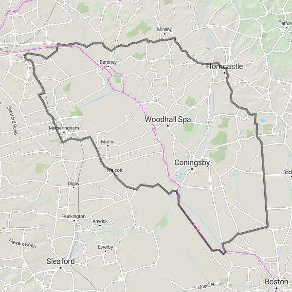 Map miniature of "Hidden Villages and Historical Sites" cycling inspiration in Lincolnshire, United Kingdom. Generated by Tarmacs.app cycling route planner