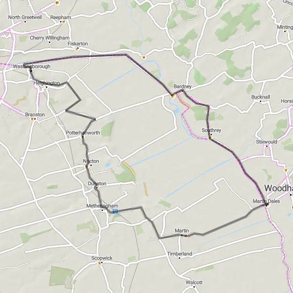 Map miniature of "Countryside Escape and Village Charm" cycling inspiration in Lincolnshire, United Kingdom. Generated by Tarmacs.app cycling route planner