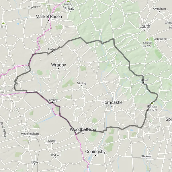 Map miniature of "Lincolnshire Hill Challenge" cycling inspiration in Lincolnshire, United Kingdom. Generated by Tarmacs.app cycling route planner