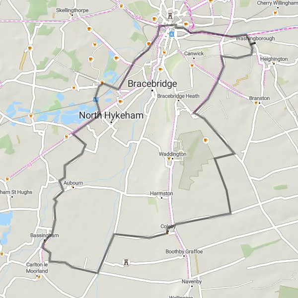Map miniature of "Scenic Ride to Historic Lincoln" cycling inspiration in Lincolnshire, United Kingdom. Generated by Tarmacs.app cycling route planner