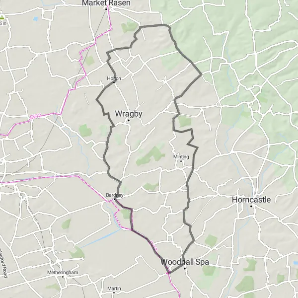 Map miniature of "Woodhall Spa to Bardney via Lissington and Waddingworth" cycling inspiration in Lincolnshire, United Kingdom. Generated by Tarmacs.app cycling route planner