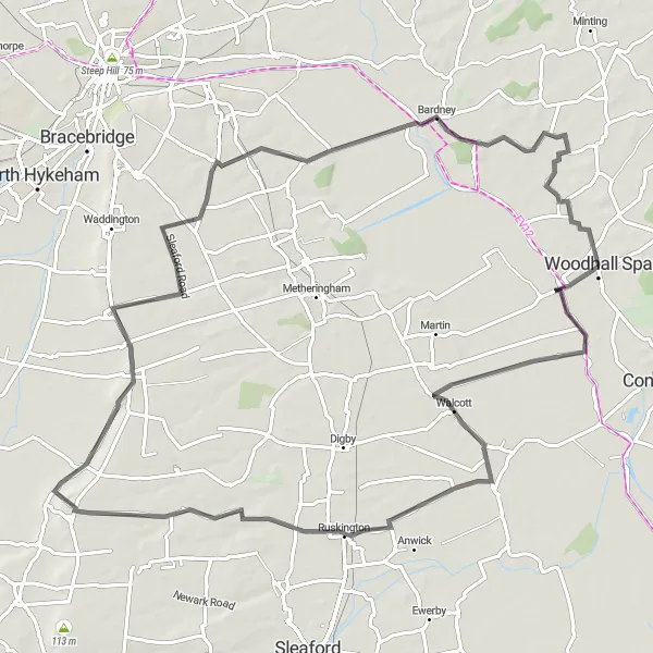 Map miniature of "Woodhall Spa to North Kyme via Ruskington and Wellingore" cycling inspiration in Lincolnshire, United Kingdom. Generated by Tarmacs.app cycling route planner