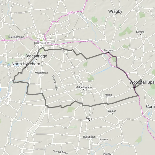 Map miniature of "Woodhall Spa to Scopwick via Navenby and Bardney" cycling inspiration in Lincolnshire, United Kingdom. Generated by Tarmacs.app cycling route planner