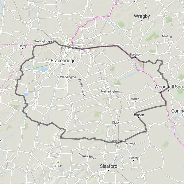 Map miniature of "Woodhall Spa and Beyond" cycling inspiration in Lincolnshire, United Kingdom. Generated by Tarmacs.app cycling route planner