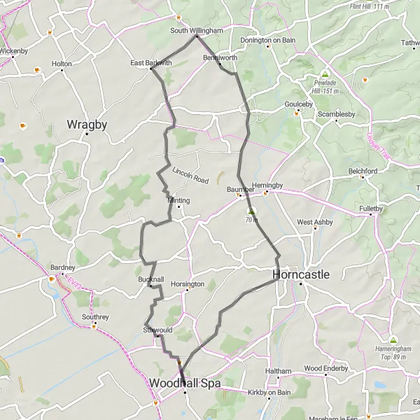 Map miniature of "Woodhall Spa to Gautby via Market Stainton and Baumber" cycling inspiration in Lincolnshire, United Kingdom. Generated by Tarmacs.app cycling route planner