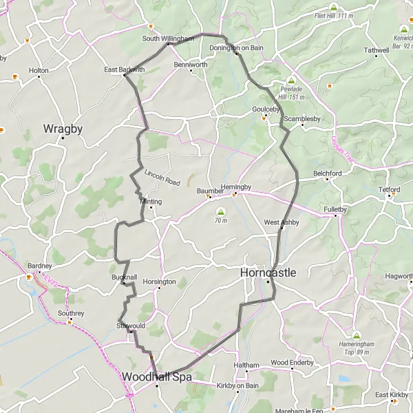 Map miniature of "Woodhall Spa to Stixwould via Gautby and Donington on Bain" cycling inspiration in Lincolnshire, United Kingdom. Generated by Tarmacs.app cycling route planner