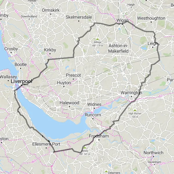 Map miniature of "Wirral Hill Climbing Challenge" cycling inspiration in Merseyside, United Kingdom. Generated by Tarmacs.app cycling route planner