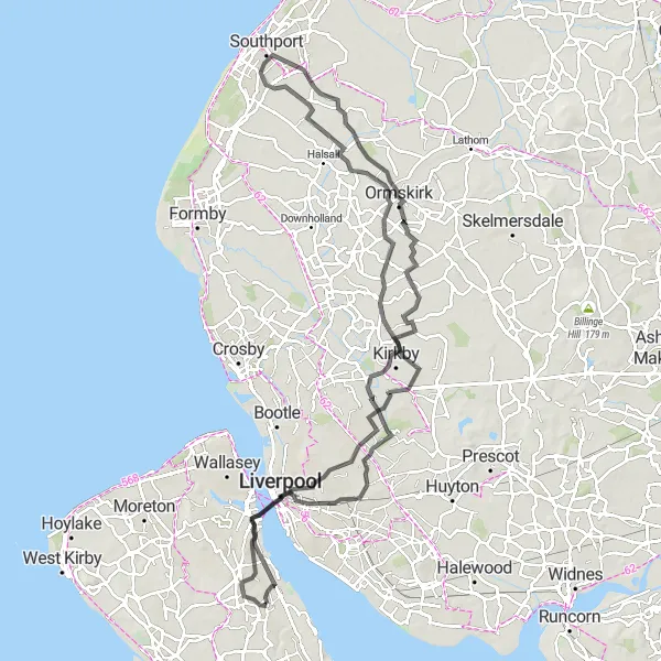 Map miniature of "Explore Liverpool's History" cycling inspiration in Merseyside, United Kingdom. Generated by Tarmacs.app cycling route planner