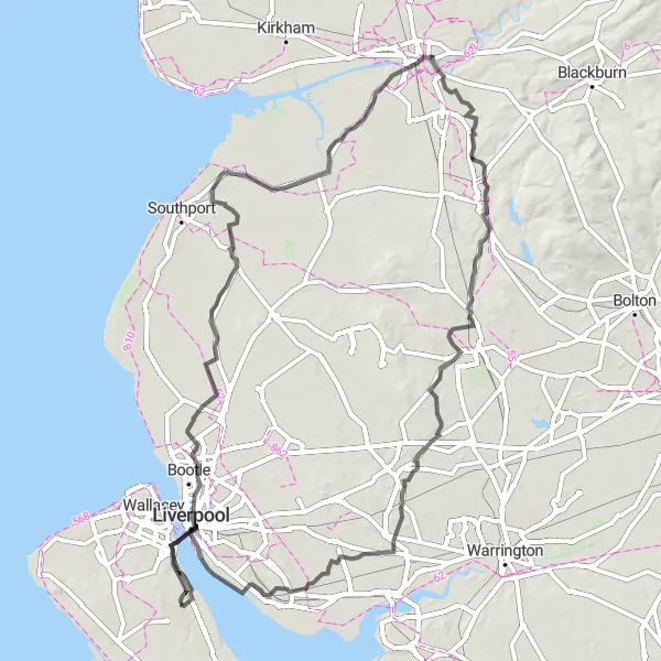 Map miniature of "Wirral Explorer: Countryside and Beyond" cycling inspiration in Merseyside, United Kingdom. Generated by Tarmacs.app cycling route planner